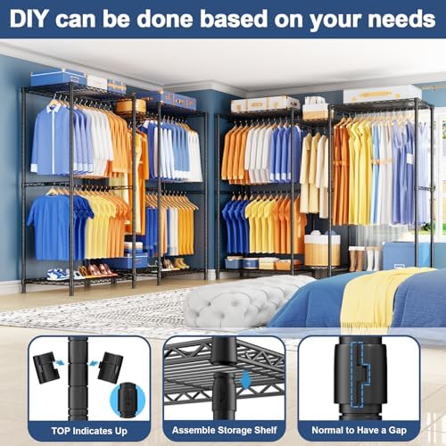 Ulif E12 Pro Clothes Rack，Heavy Duty Freestanding Garment Rack with Shelves，Metal Clothing Closet Storage System for Hanging Clothes，71" W x 16" D x 76.5" H, Hold 960 lbs，Black - Image 4