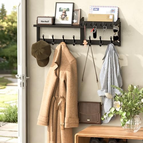 29'' Black Coat Rack Wall Mount with Shelf, Solid Wood Coat and Key Hanger with 11 Metal Hooks, Farmhouse Wall Organizer for Mail, Entryway Wall Hangers for Hats, Clothes, Backpacks, Mudroom - Image 2