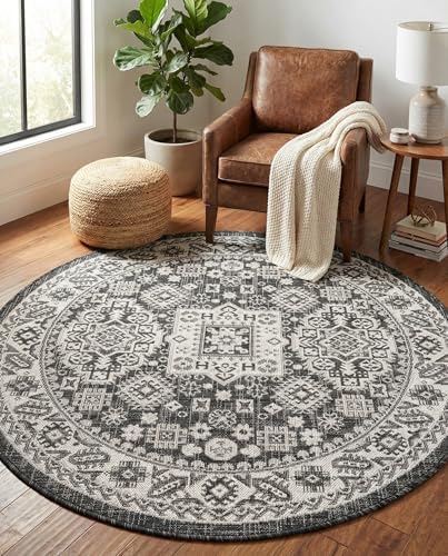 Rugs.com - Outdoor Aztec Rug – 4 Ft Round Charcoal Gray Washable Indoor/Outdoor Rug – Flatweave Tribal Design for Patios, Decks, and Porches - Image 5