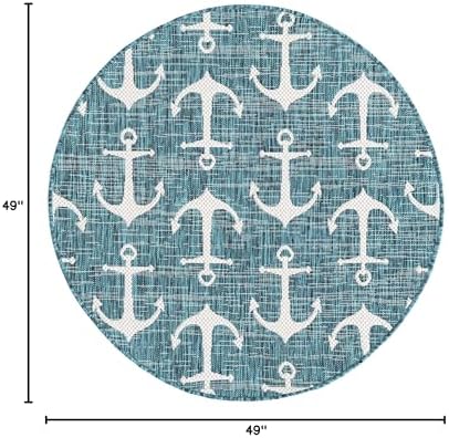 Unique Loom Outdoor Coastal Collection Area Rug - Ahoy (4' 1" Round, Teal/ Ivory) - Image 2