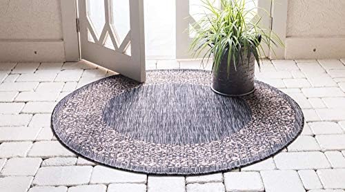 Unique Loom Outdoor Border Collection Area Rug - Floral Border (4' 1" Round, Charcoal Gray/ Beige) - Image 3