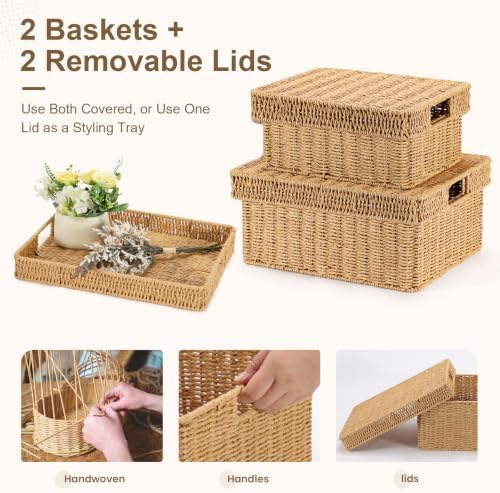 Wicker Storage Baskets with Lids for Shelves, 2-Basket Set, Natural - Image 4