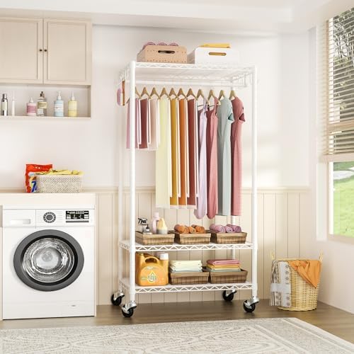 FUTASSI Rolling Clothes Rack, Clothing Racks for Hanging Clothes, White - Image 3