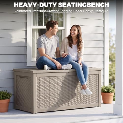 320 Gallon Outdoor Storage Box, Waterproof Resin Deck Box with Lockable Lid Large Storage Bin for Patio Furniture Cushion, Garden Tools, Pool Accessories UV-Resistant Outside Delivery, Gray - Image 2