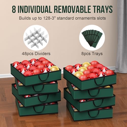 Christmas Ornament Storage Box Store 128-3" Ornaments, Ornament Organizer Storage box with Dual Zipper Closure Visual Cover & Adjustable Dividers, Holiday Decorations Storage Container with 8 Trays - Image 5