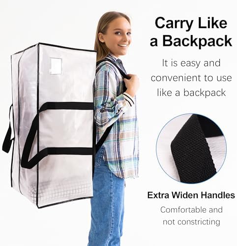 VELVETSURE 12 Pack Heavy Duty Large Moving Bags W/Backpack Straps - Strong Handles & Zippers, Storage Totes For Space Saving, Fold Flat, Alternative to Moving Box and Storage Bin, Semi-Transparent - Image 4