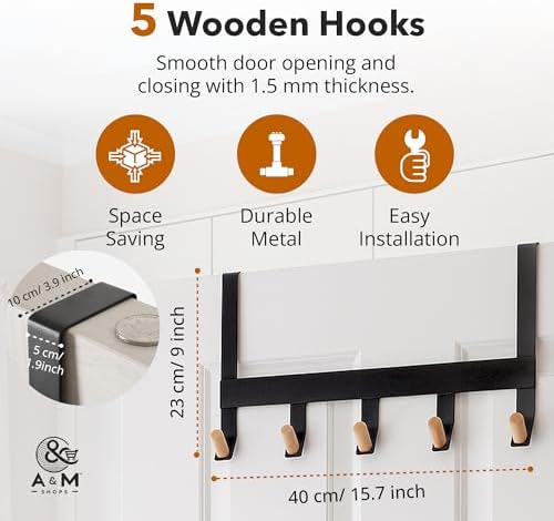 A&M Shops Over The Door Hanger - Heavy Duty Metal Door Hanger with Lotus Wood Tip for Bathroom & Bedroom - Coat Rack Organizer with 5 Stylish Towel Hooks for Door, Clothes & Bags - Black - Pack of 2 - Image 6