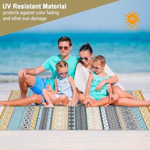 GAOMON Outdoor Plastic Straw Rug, 10'x20' Reversible Sage Green Patio Mat, Flower Modern Design for RV, Backyard, Deck, Camping, Picnic, Teal/Yellow(Bohemia) - Image 5