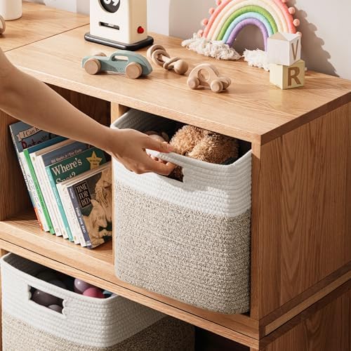 UBBCARE Set of 4 Storage Cubes-11 X 10.5 X 10.5 In, Cotton Rope Basket for Shelves, Toys, Book, Cube Storage Bin with Handles, Woven Storage Basket for Organizing, White/Brown - Image 4