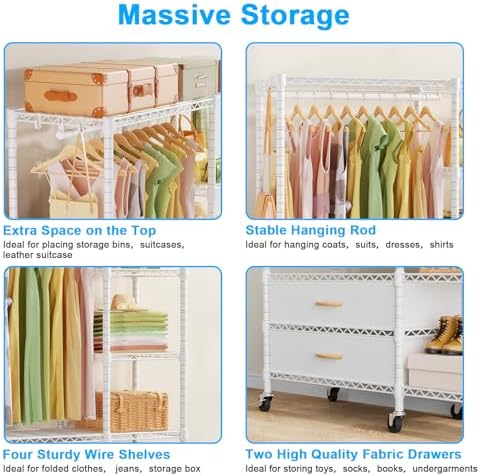 Ulif F3R Heavy Duty Clothes Rack（With Lockable Wheels）Freestanding Clothing Racks for Hanging Clothes，Adjustable Closet Organizer System，Portable Garment Rack 40"W x 15"D x 74"H，Max Load 700LBS，White - Image 6