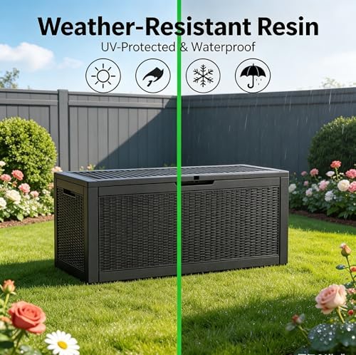 LAUSAINT HOME 320 Gallon Resin Deck Box, Package Delivery Box with Lockable Lid, Waterproof Outdoor Storage Box For Garden Tools, Patio Cushions(320 Gallon,Black) - Image 5