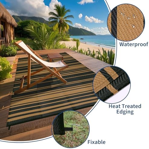 Outdoor Plastic Straw Rug 9x18 Waterproof Outside Rug, Large Modern Striped Reversible Floor Mats, Foldable & Lightweight Camping Carpet for Patio, Porch, Deck, Backyard, Balcony, Black Brown - Image 5