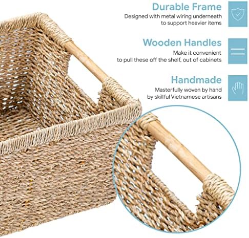 Large Wicker Basket Rectangular with Wooden Handles for Shelves, Seagrass Basket Storage, Natural Baskets for Organizing, Wicker Baskets for Storage - 3 Pack Large - Image 3