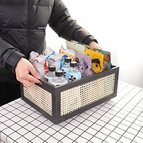 Black Wooden Rattan Storage Basket with Handle,14.96"x11.02"x6.30" - Image 4