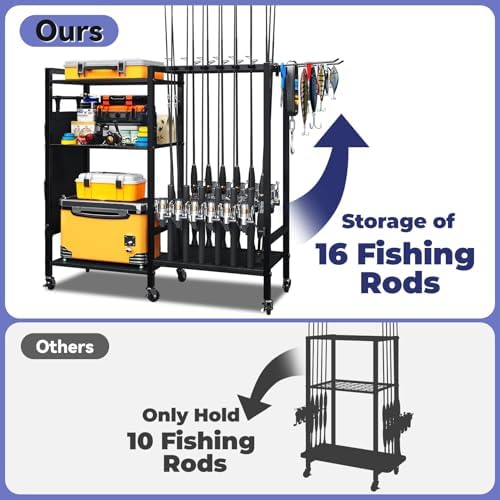 TC-HOMENY 16-Rod Fishing Rod Holder for Garage, Fishing Pole Rack Cart Fit All Fishing Rods, 3 Tier Fishing Tackle Storage Organizer Rack with Storage Bag, For Living Room - Image 4