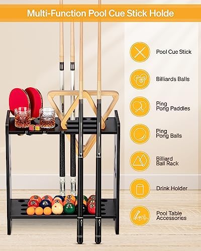 EXTCCT Pool Stick Holder Floor Stand, Wood with 2 Cup Holders, Black - Image 2