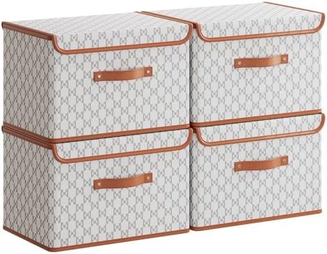 Tuza 4 Pack Fabric Storage Bins with Lids, Collapsible Closet Organizer Container, Decorative Storage Boxes with Lids for Organizing Clothes, Blanket, Grey & White, Large by LOVEWHEREYOULIVE