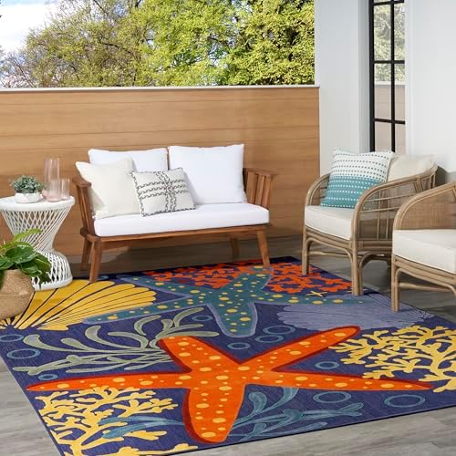 Nourison Home Aloha Navy Multicolor 9' x 12' Area Rug - Easy Clean, Non Shedding, Bed Room, Living Room, Dining Room, Kitchen (9' x 12') - Image 4