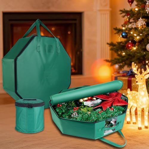 BrilliantJo 2 Pack Wreath Storage Christmas Garlands Bag with Interior Pockets Large Xmas Container Box for holiday Decorations Case with Dual Zipper and Handles Window Labeling Card Slot 24" Green by BrilliantJo