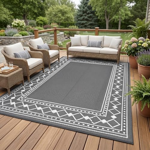 GlowSol 9x18 Outdoor Rug Waterproof Reversible Patio Mat, Heavy Duty Plastic Straw Rug for RV Camping Deck Backyard Beach, Foldable Indoor Outdoor Carpet Stain Resistant Outside Rugs, Grey/White by GLOWSOL