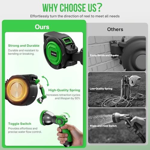 Retractable Garden Hose Reel, 1/2 in x 100 ft Automatic Slow Rewind System & Any Length Lock, Heavy Duty Wall-Mounted Hose Reel with 180° Swivel Bracket,10-Pattern Nozzle for outside Watering,Cleaning - Image 4