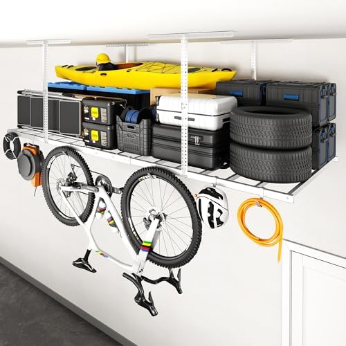 FLEXIMOUNTS 4x8 Overhead Garage Ceiling Storage Rack with 6 Hooks, White by FLEXIMOUNTS