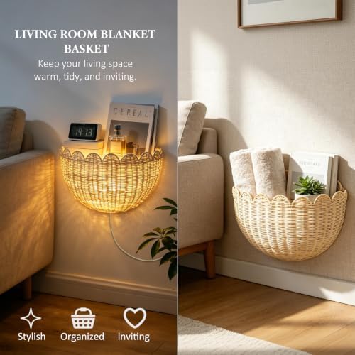 Handwoven Rattan Wall Basket with LED String Light, 1Pack - Image 4