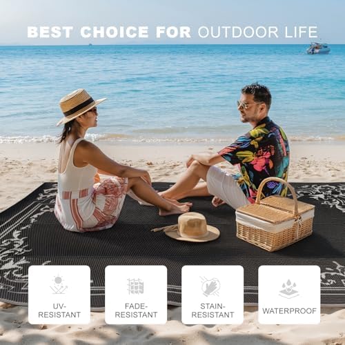 wikiwiki 9x18ft Outdoor Rug, Reversible Plastic Patio Rug Waterproof, Indoor Outdoor Carpet Clearance, Large Area Carpet for Patio Deck Balcony Pool RV Camping Beach Picnic, Classic Black - Image 3