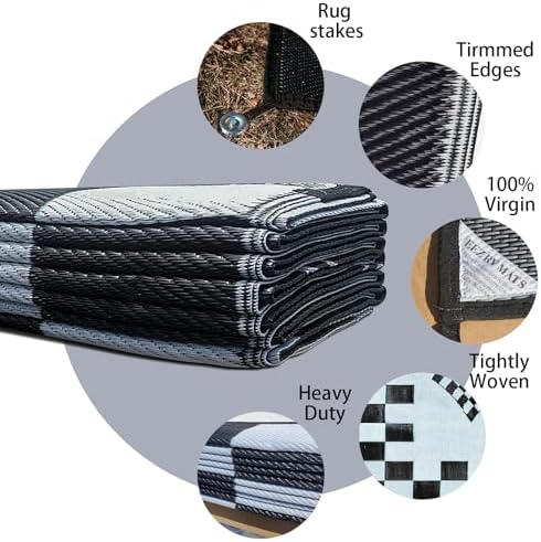 EEZ RV Products 9'x12'cf Heavy Duty Reversible/Durable Outdoor RVing/Boondocking Mats (9ft x12ft Black & White Checker Flag) Come with Large Storage Bag & 6 Sets of Stakes and Washer - Image 3