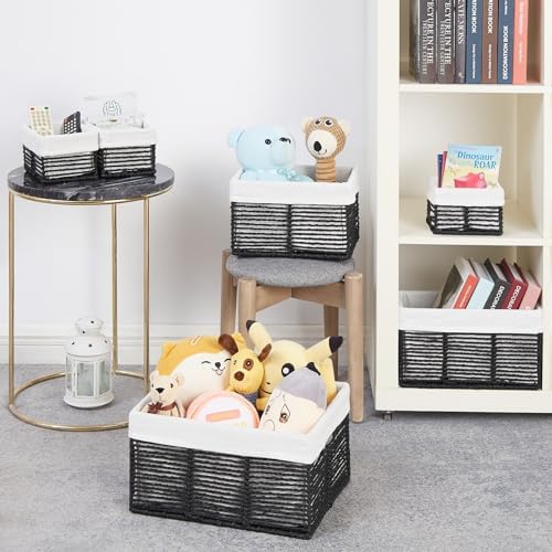 Vagusicc Wicker Storage Basket, 6 Pack Baskets for Organizing, Wicker Baskets with Handle, Rectangular Woven Basket for Storage Shelves, Cube Storage Bins for Closet/Clothes/Dresser, Black - Image 4
