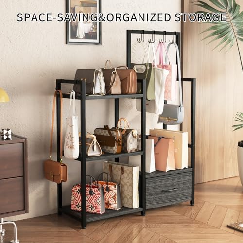 3-Tier Wooden Purse Display with Large Drawer & 6 Hooks - Image 6