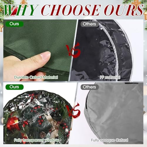 4 Pack Wreath Storage Container, 36 Inch Christmas Wreath Storage Box with Clear Window and Handles Upgrade Oxford Cloth Garland Bags with Dual Zipper for Xmas Wrapping, Green - Image 2