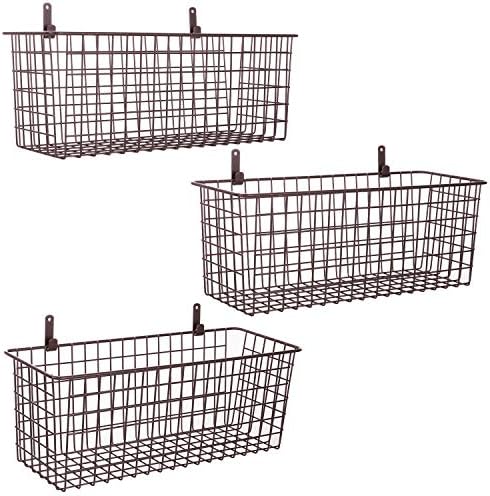 3 Set [Extra Large] Hanging Wall Basket for Storage, Wall Mount Sturdy Steel Wire Baskets, Metal Hang Cabinet Bin Wall Shelves, Rustic Farmhouse Decor, Kitchen Bathroom Organizer, Brown by AOZITA