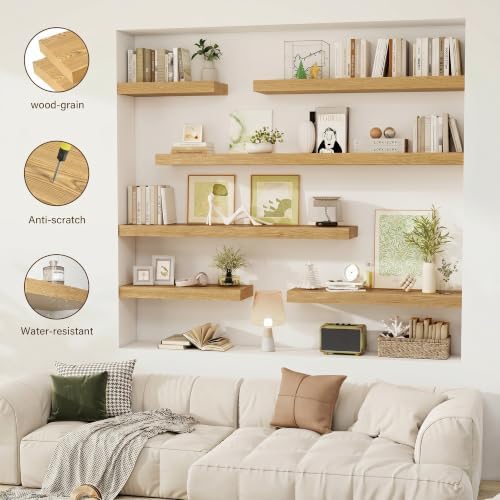 Acovy 72 Inch Floating Shelves, 12" Deep Floating Shelf Wall Mounted, 72" Wall Shelves, Rustic Deep Bookshelf, Extra Deeper & Thicker Display Shelves for Bedroom, Living Room, Set of 1 - Image 7