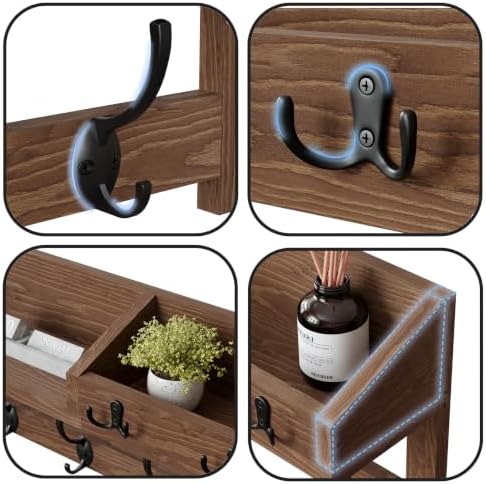 AMBIRD Wall Hooks with Shelf, 26.57 Inch Entryway Wood Coat Hooks for Wall with Shelf, Coat Rack Wall Mount with 5 Dual Hooks 3 Key Hooks Mail Organizer and Key Rack Holder (Brown) - Image 5