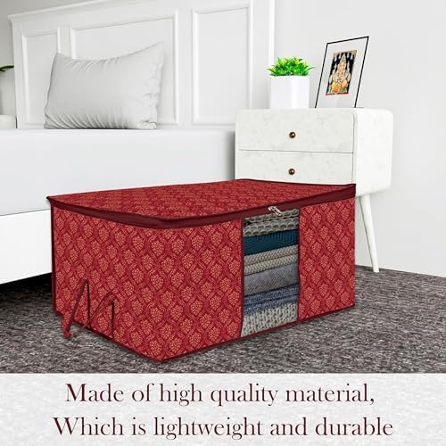 Kuber Industries (Pack of 12) Underbed Storage Bag | Golden Printed | Large Blanket Organizer | Clothing Storage Bag | Clear Window & Handle Storage Bag | Kambal Storage Bag | Maroon - Image 3