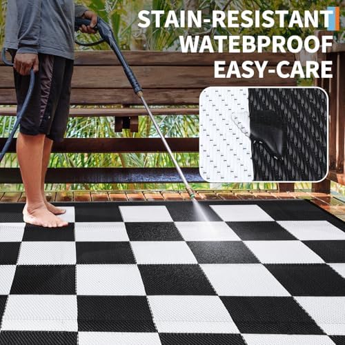 GarveeHome Outdoor Rug 8 x 10 Waterproof Checkboard Woven Carpet, Large Reversible Plastic Straw Rug, Foldable Modern Geometric Plaid Outside Camping Rug for Picnic, Backyard, Deck, Black White - Image 4