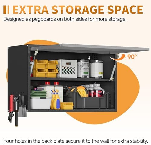 Metal Garage Wall Cabinet with Up-Flip Door, Float Tool Cabenit with Adjustable Shelf,Steel Wall-Mounted Storage Cabinet with Pegboard for Kitchen,Garage,Workshop,Warehouse(19.7"H,Black&Gray) - Image 3
