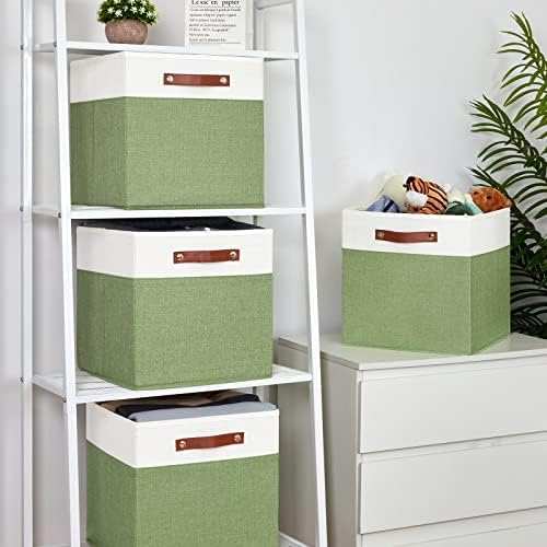 Temary 13 Inch Cube Storage Bin 4 Pack Fabric Storage Cubes Fabric Storage Bin for Shelf, Cube Storage Basket with Leather Handles(White&Green) - Image 5