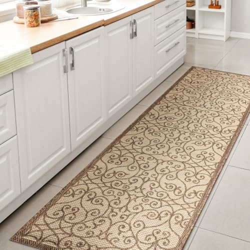 Eyely Filigree Weave Runner Rug 2X10 Beige/Brown, Indoor Outdoor Rug by eyely