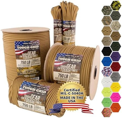 TOUGH-GRID 750 Paracord, 100% Nylon, Made in USA, Type IV Mil-Spec Cord by TOUGH-GRID