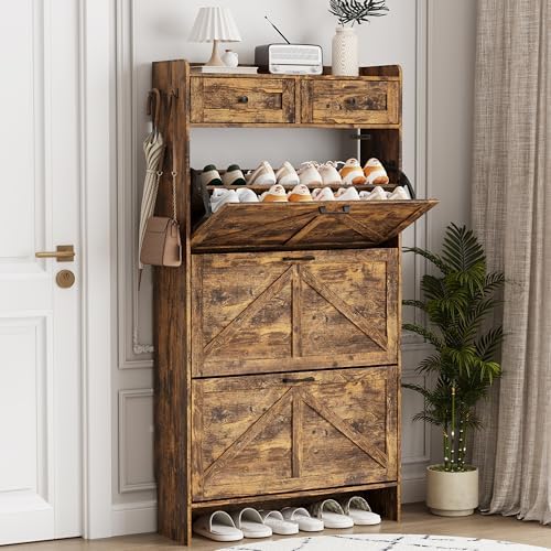 Shoe Cabinet with 3 Flip Drawers & 2 Top Drawers, 57" Tall Freestanding Narrow Wooden Shoe Storage Organizer for Entryway, Hidden Slim Shoe Rack for Front Door Entrance, Hallway, Living Room, Brown by Xixini