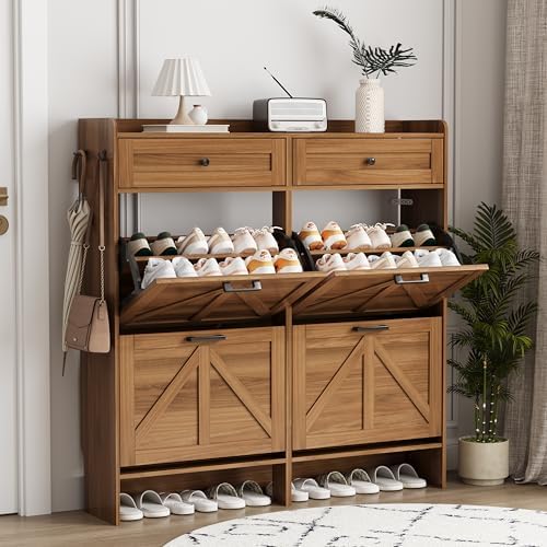 Shoe Cabinet with 4 Flip Drawers & 2 Top Drawers, 43" Tall Freestanding Narrow Wooden Shoe Storage Organizer for Entryway, Hidden Slim Shoe Rack for Front Door Entrance, Hallway, Living Room, Walnut by Xixini