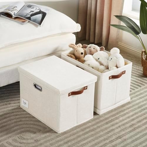 17" Large Fabric Storage Box with Lids, 3-Pack, White - Image 2