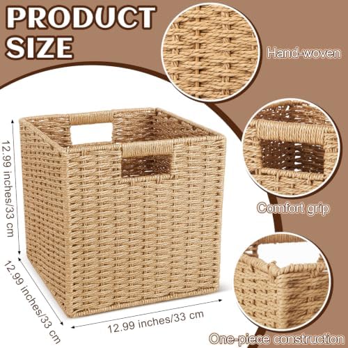 Newtay 4 Pcs Wicker Storage Baskets 13 x 13 in Cube Storage Bin Organizer Camel Square Foldable Wicker Baskets for Shelves Organizing Decor Laundry Pantry Toys - Image 2