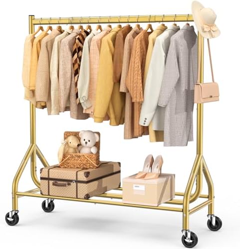 EAGMAK Heavy Duty Clothes Rack Load 420 LBS, Rolling Garment Rack with Lockable Wheels, Standing Metal Clothing Rack, Portable Wardrobe Sturdy Coat Rack for Hanging Clothes (Gold, 47.2″×18.9″×63″) by EAGMAK