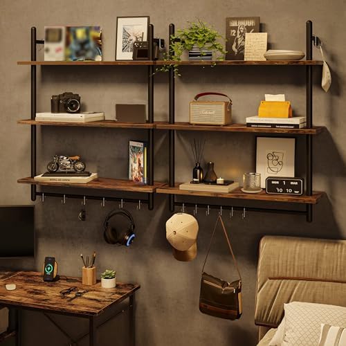 Bestier 3 Tier Industrial Pipe Shelving, Floating Book Shelves for Wall, Storage Hanging Shelves with Towel Bar for Bathroom Organizer Bedroom Kitchen Plants Office. 31.5 Inch Rustic Brown - Image 5
