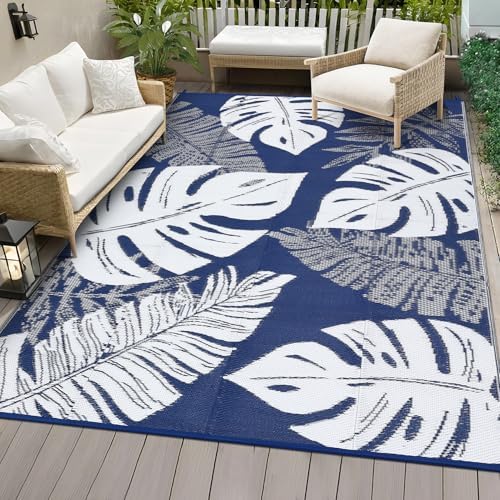COZYLOOM Large Outdoor Rug 9 x 18 Waterproof Tropical Leaf Plastic Straw Rug, Modern Patio Rug with 4 Stakes, UV-Resistant Reversible Mat, Outside Carpet for Backyard, RV, Deck, Picnic, Blue White by COZYLOOM