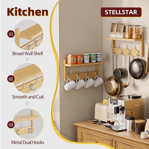 STELLSTAR Coat Rack with Shelf, 2 Pack Bamboo Wall-Mounted Coat Hanger with 8 Hooks for Entryway, Hallway, Kitchen, Bathroom, Living Room, Utility Room (Natural) - Image 3