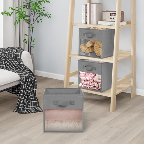 Storage Bins with Clear Window, 13x13 Storage Cubes, Collapsible Cube Storage Box, Fabric Closet Organizers with Handles for Home, Office, Shelf, Closets, Living Room, Grey, 12 Pack - Image 6